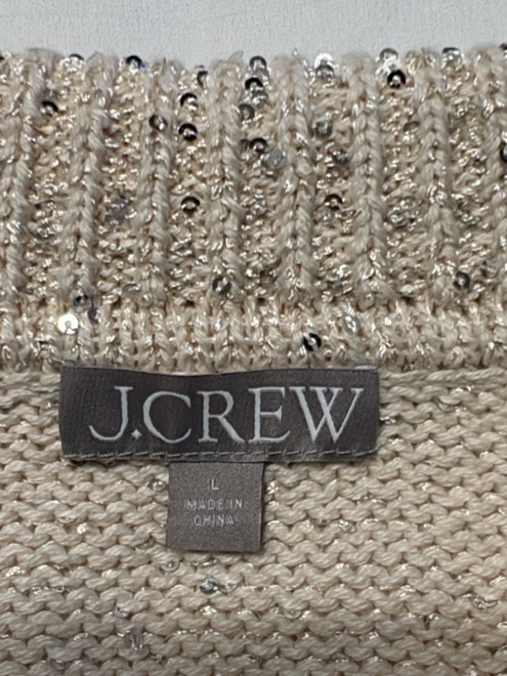 J. Crew Sequin Sweater Polo Size Large Cream V-Neck Collar Sparkle Holiday - Picture 6 of 8